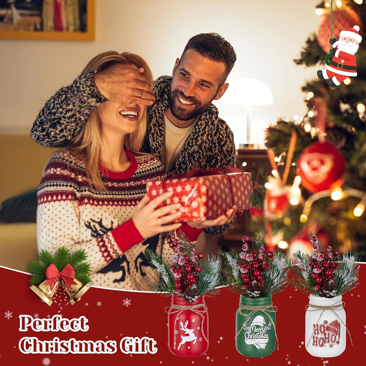 Hewory Christmas Vase for Table Centerpieces: 3 PCS Glass Christmas Mason Jars with Arrangemengts - Delicate Holiday Decor for Mantle Coffee Table Shelves