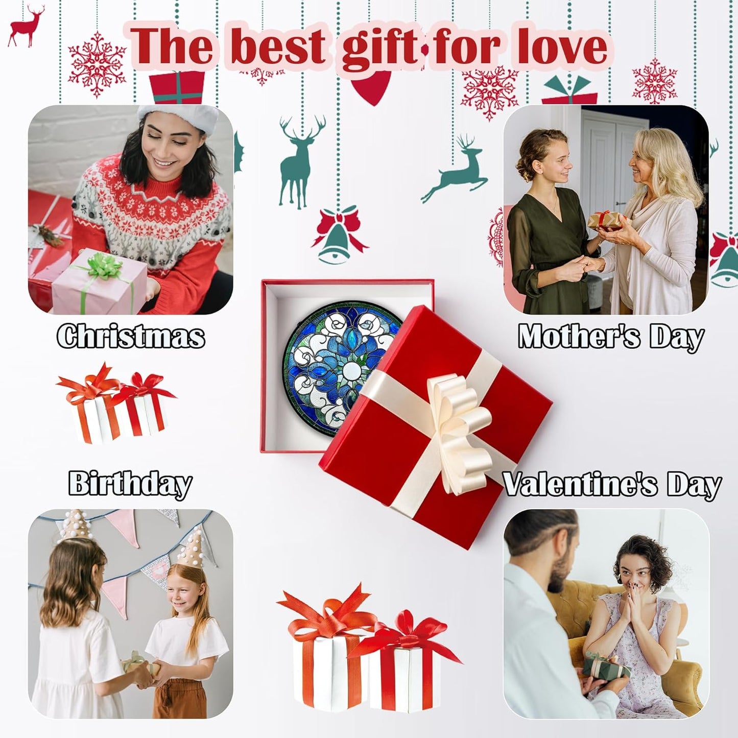 Stained Glass Window Hanging, Boho Style Sun Catchers Diamond Glass Panel Hangings Tiffany Suncatcher Decor for Birthday for Women, Men, Wife, Aunt, and Mom 14.9x14.9 in