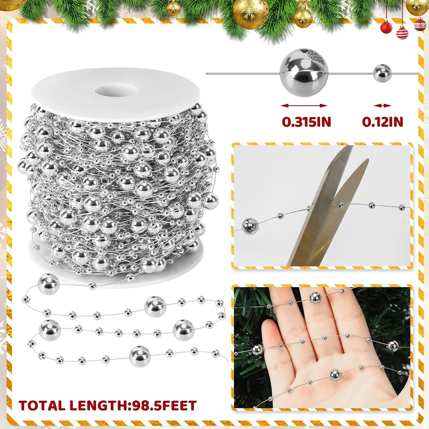 JULBEAR Beads Garland Decoration, 1Rolls 131Feet Silver Christmas Pearl Strands Chain Bead Garland for Christmas Tree Fireplace Wreath Gift Bouquet Crafts Wrapping Party Centerpieces Decoration