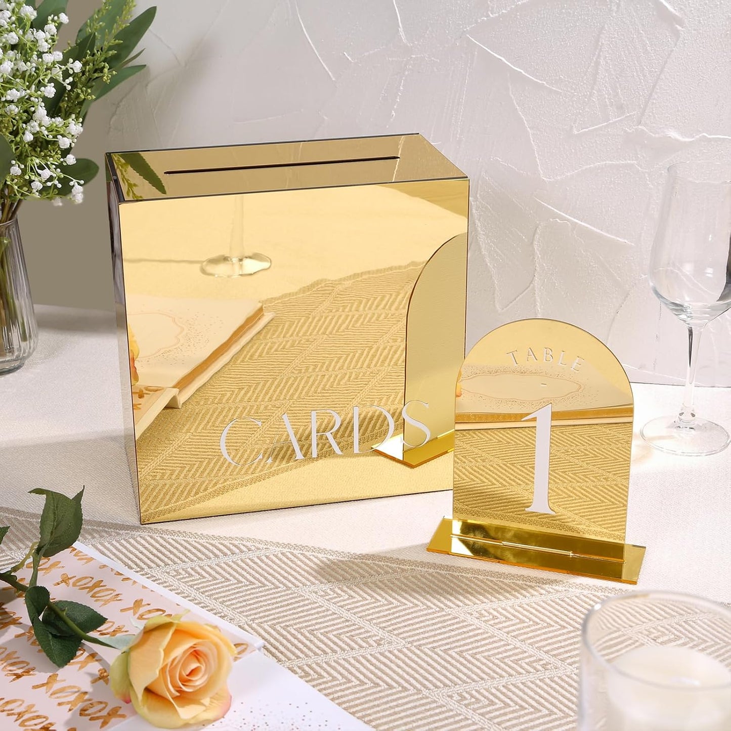 UNIQOOO Gold Mirror Arch Wedding Table Numbers with Stands 1-20, 5x7 Acrylic Display Signs and Holders, Pack of 20, Perfect for Centerpiece, Reception, Decoration, Party, Anniversary, Event