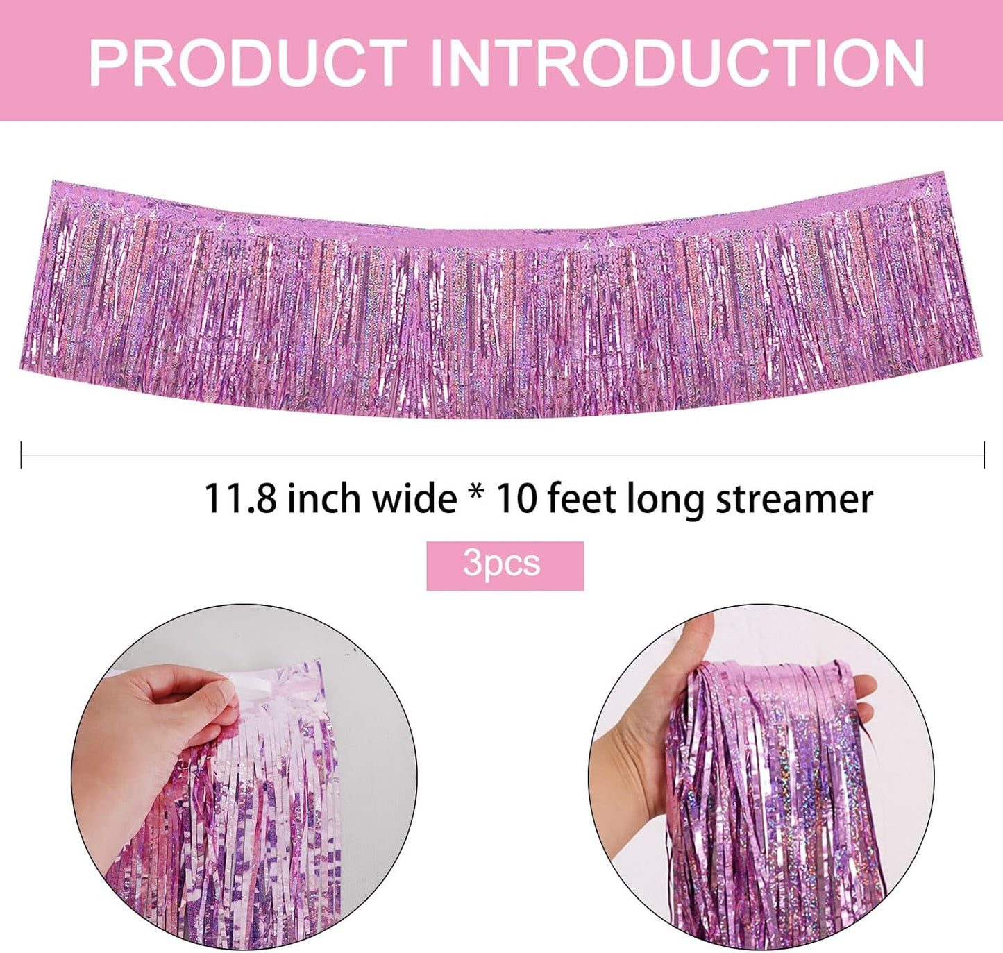 BEISHIDA 3 Packs Metallic Foil Fringe Garland Laser Light Pink Wall Hanging Tinsel Fringe Banners for Car Floats Bridal Shower Wedding Birthday Easter Graduation Holiday Party Decoration(30 Feet)