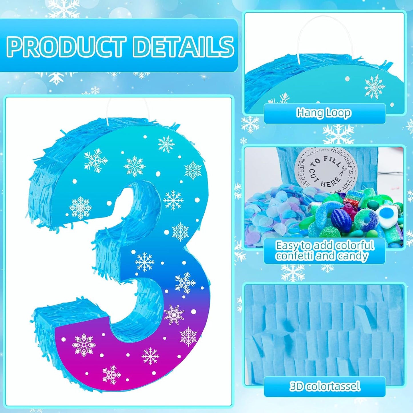 Snowflake Birthday Decorations, Winter Ice Snowflake Number 3 Pinata with Stick Blindfold and Confetti Snowflake Piñata 3rd Birthday Party Decoration & Supplies (Snowflake 3)