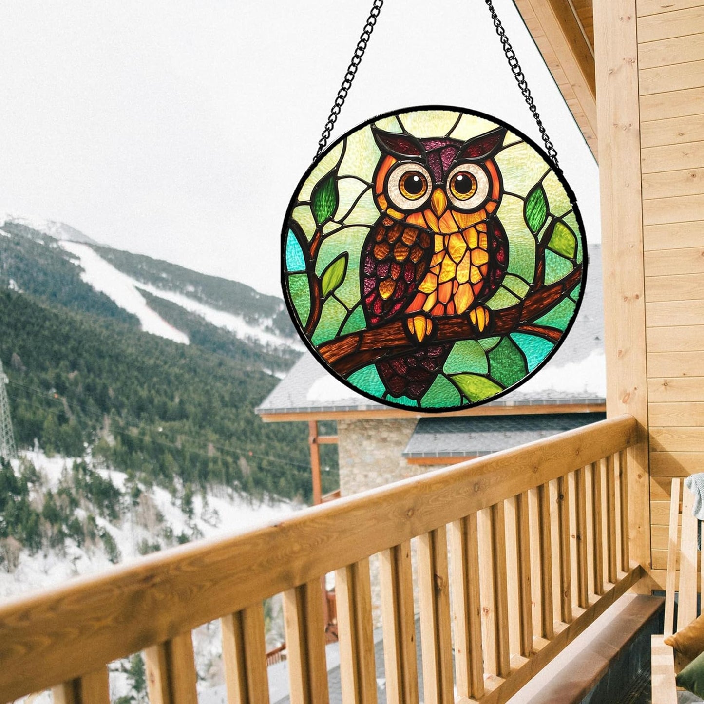 Stained Glass Window Hanging - Owl on a Branch Suncatcher for Doors Window Home Orange Brown Sun Catchers Decor Christmas Mother's Day Birthday Gifts for Teacher Women Men Mom Nana 11.8 in