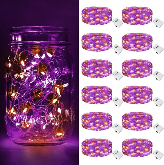 btfarm 12 Pack Fairy Lights Battery Operated [3 Modes], 7ft 20 Led Orange Purple Twinkle Lights String Lights Waterproof Bulk Mini Silver Wire for Halloween Mason Jars Vases Table Centerpiece Decor