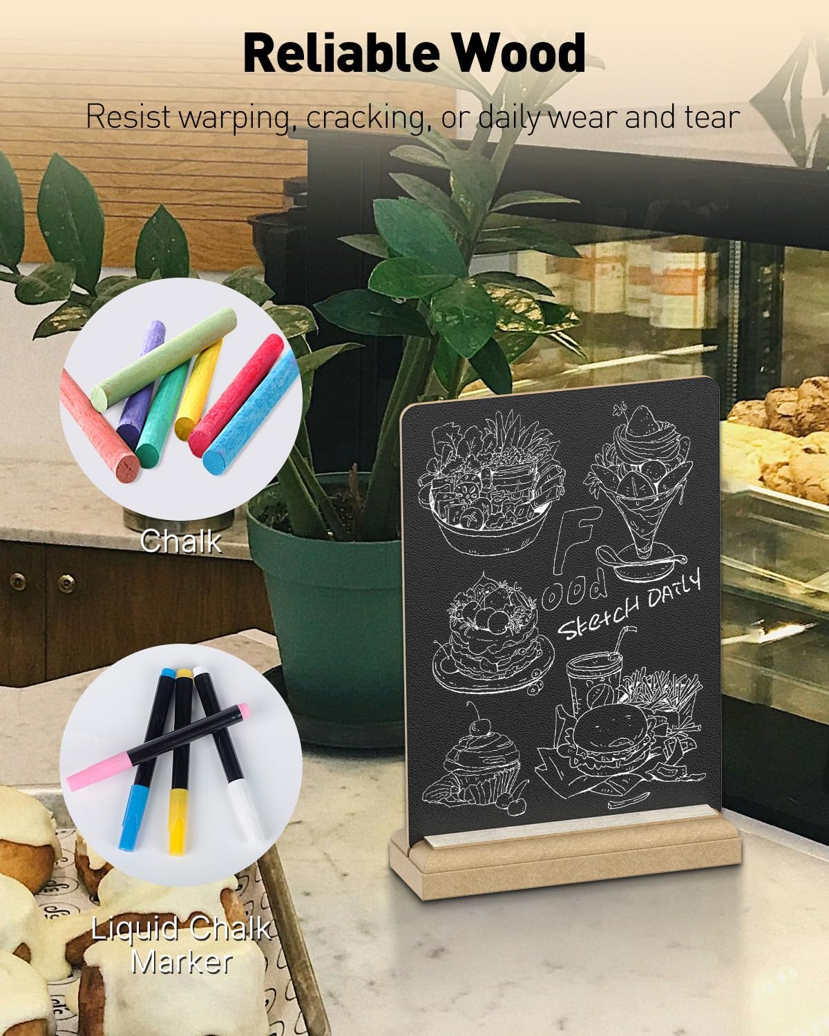 Uniclife 3 Pack Small Chalkboard Sign with Stand & Chalk Markers Double-Sided Wooden Chalk Board Sign for Tables Reusable Message Board Menu Board for Wedding Party Restaurant Food Display