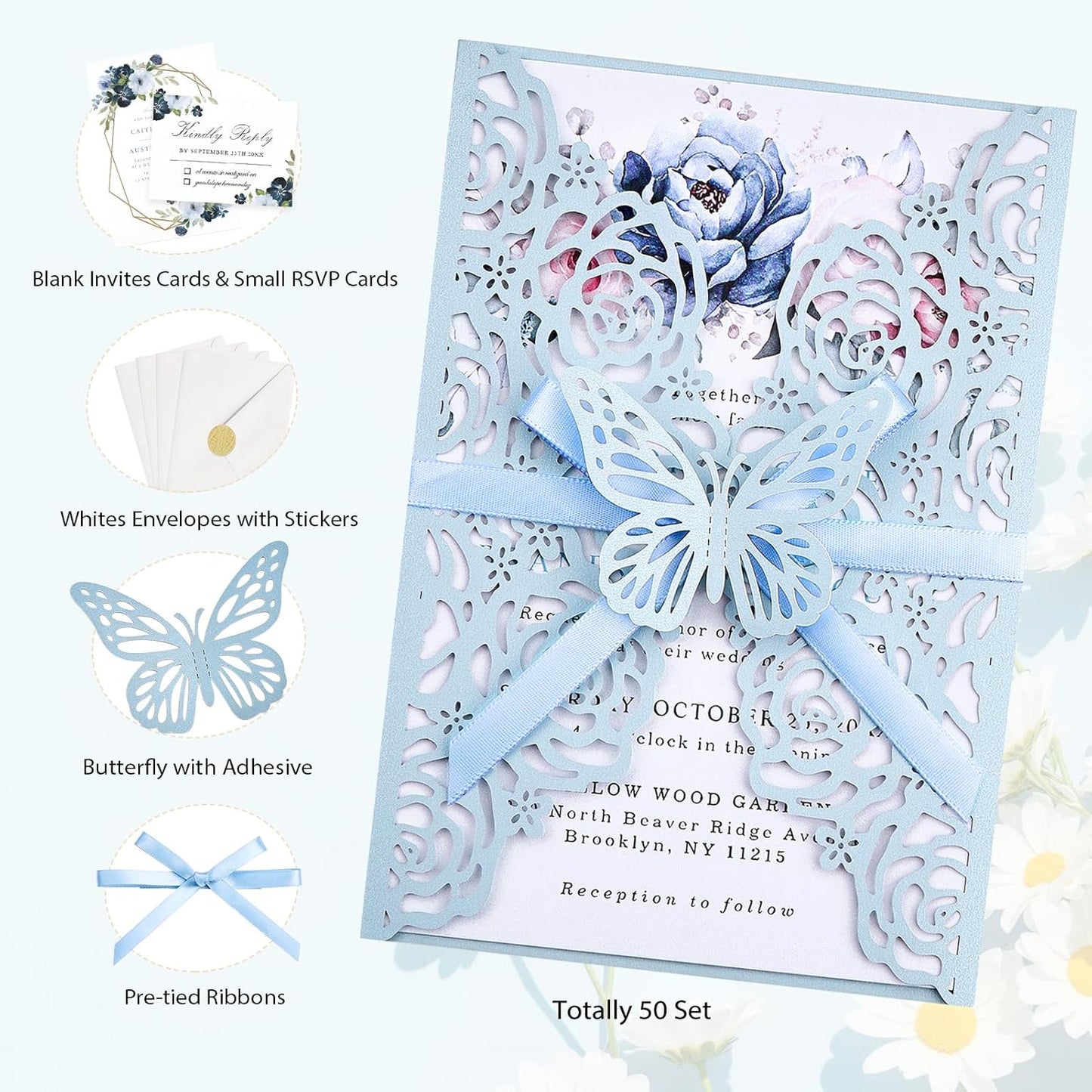 50 Set Light Blue Wedding Invitations Butterfly Laser Cut Invitations Pocket with Blank Inner Cards Rsvp Envelopes Stickers - Personalized Party Invites for Baby Bridal Shower QuinceañEa