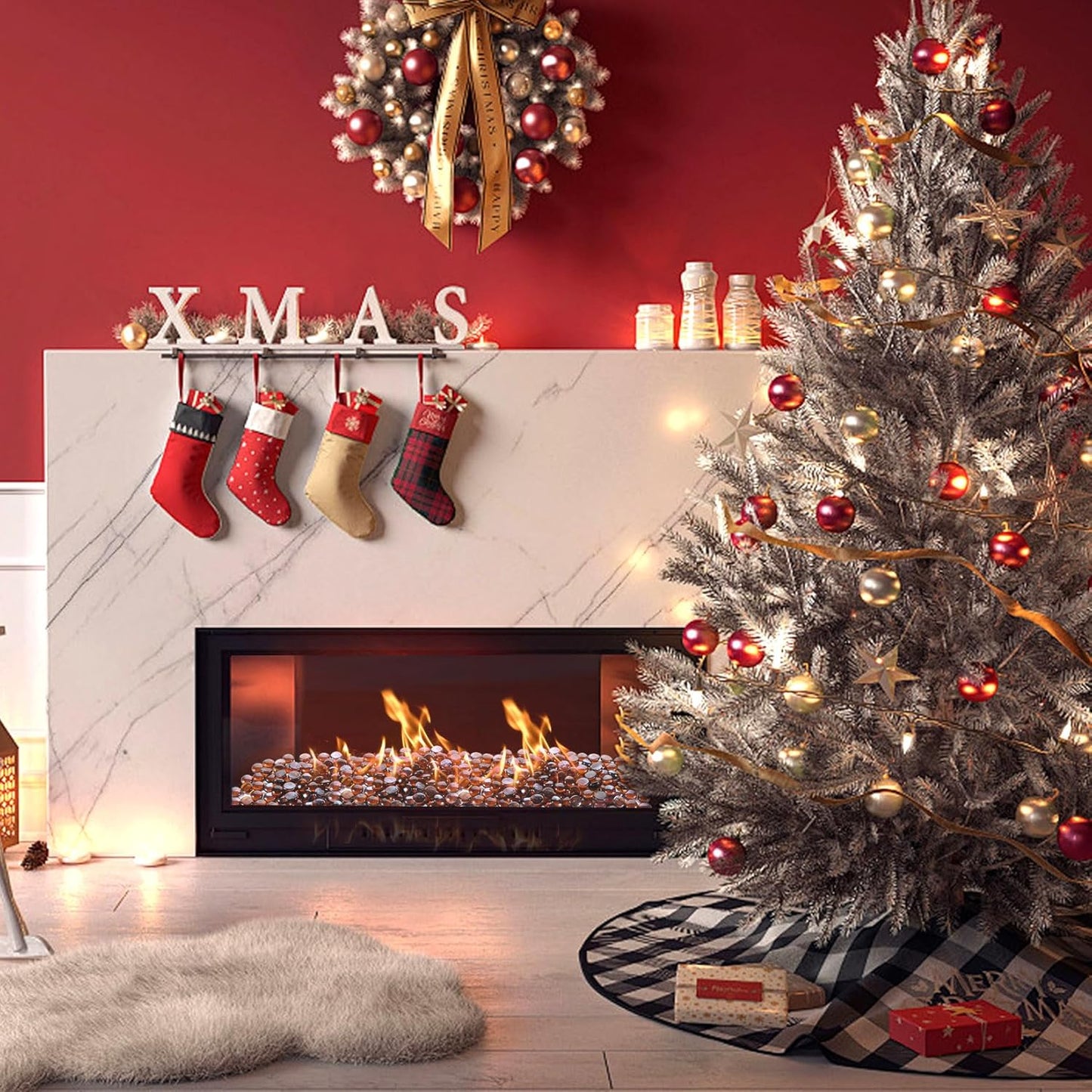 Fire Glass Rocks, Amber Beads for Propane Fire Pit, Fireplace and Outdoor Decorative. 3/4 High Luster 10LB Round Firepit Glass