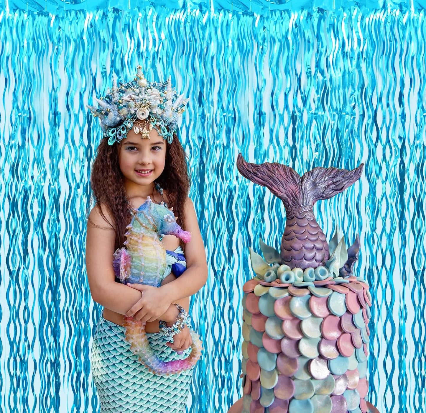 GOER 6.4 ft x 6.5 ft Metallic Tinsel Foil Fringe Curtains,Pack of 2 Party Streamer Backdrop for Birthday,Graduation Decorations and New Year Eve (Wavy Light Blue)