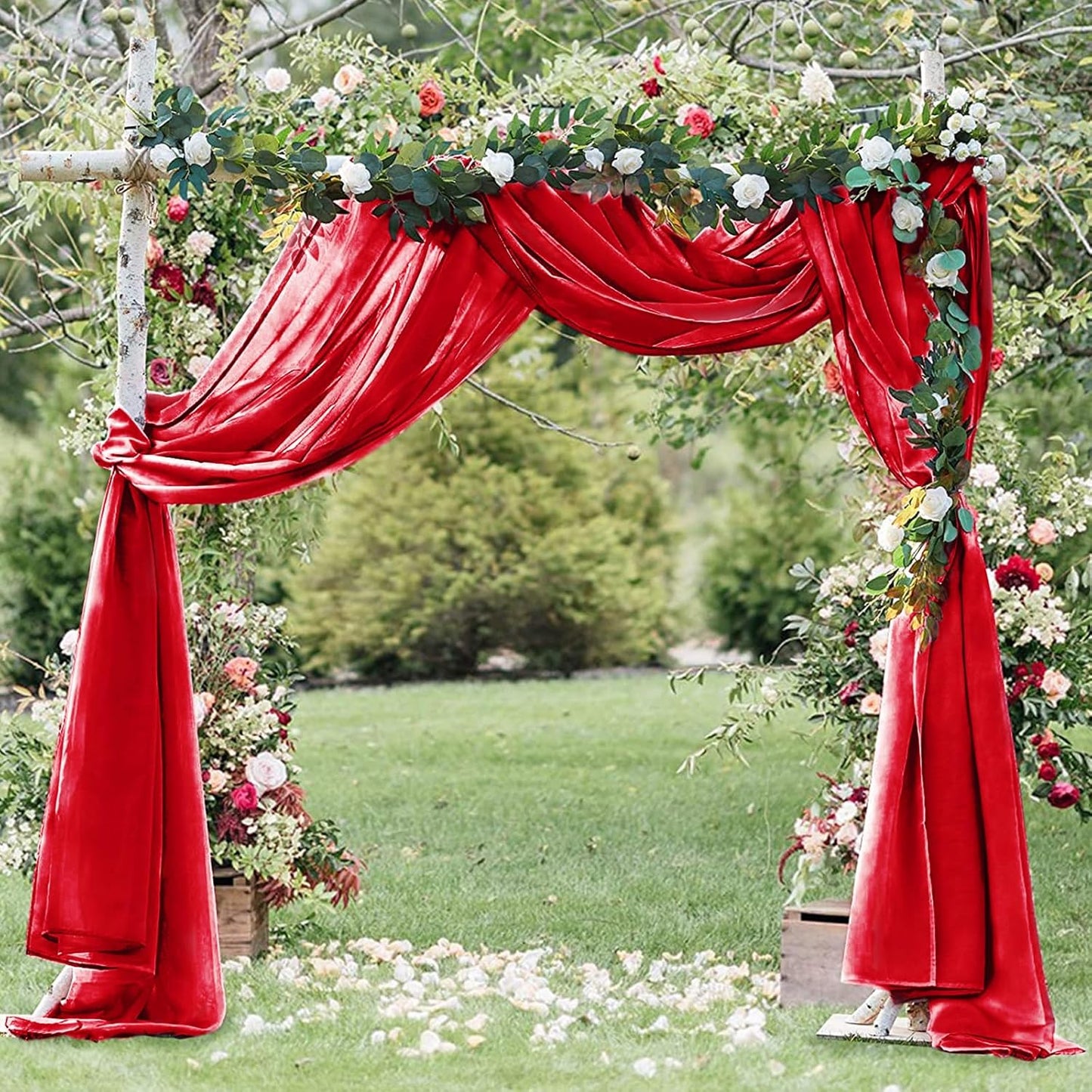 2 Panles Red Chiffon Ceiling Drapes 20Ft Wedding Arch Draping Fabric Red Sheer Chiffon Fabric Drapery Outdoor Arbor Party Ceremony Stage Wedding Decoration
