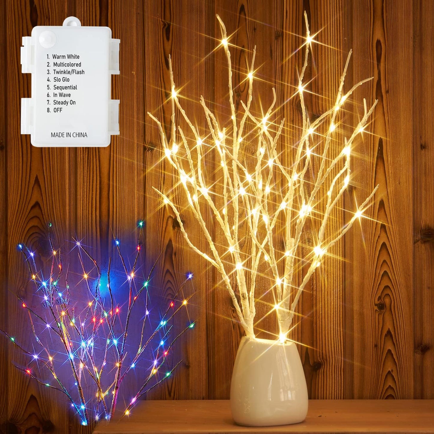 Fudios Lighted Birch Branches with 70 Multicolor LED Fairy Lights 18in Battery Operated, Lit White Twig Branches Color Changing Lights for Christmas Party Decoration