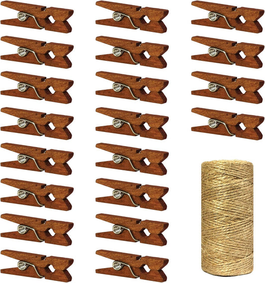 Mini Natural Wooden Clothespins with Jute Twine, 250pcs, 1 Inch Photo Paper Peg Pin Craft Clips with 66ft Natural Twine for Scrapbooking, Arts & Crafts, Hanging Photos (Rustic Brown)
