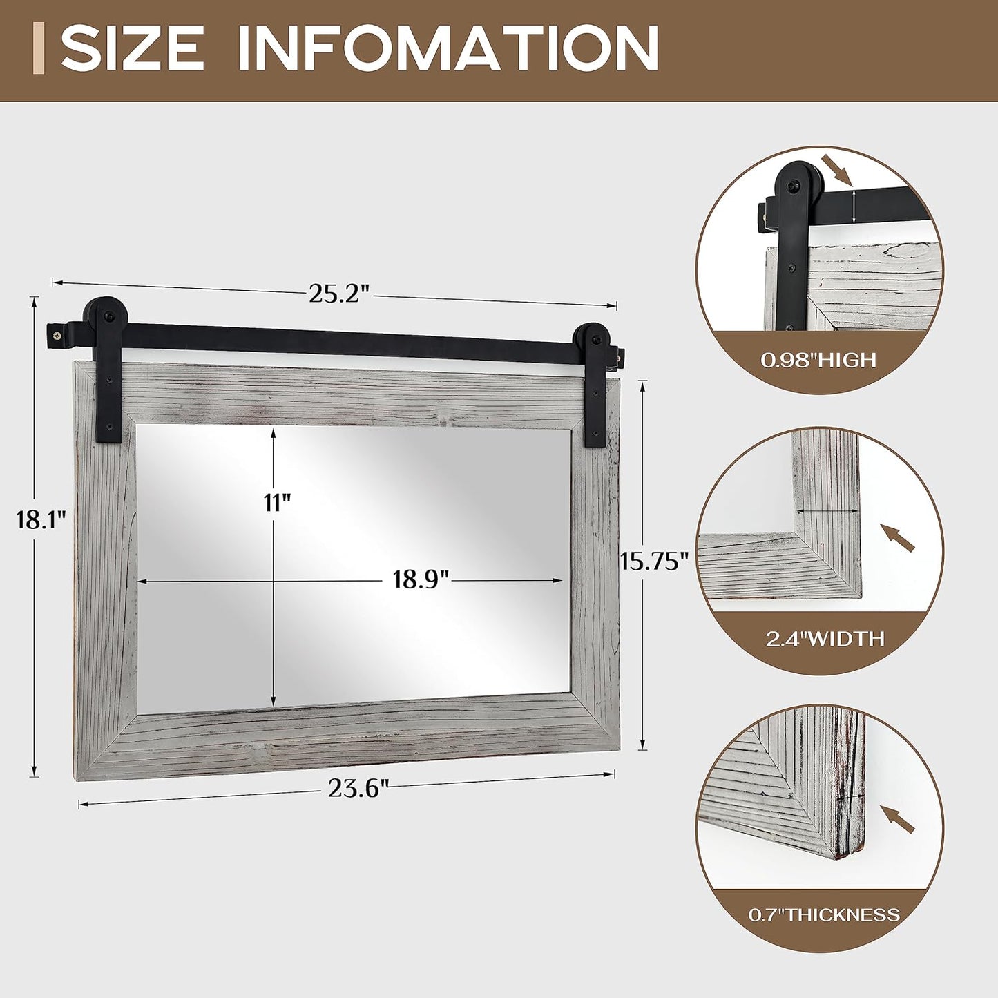 COGOOD Farmhouse Barn Door Mirror - 25" x 18" Rustic Wood Framed Decrative Mirror for Bathroom, Living Room, Entryway Wall Decor (Grey)