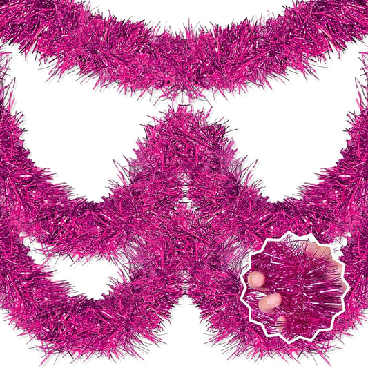 25 Feet Fuchsia Christmas Tinsel Garland, Metallic Foil Twist Banner Wall Hanging Tinsel Streamers Backdrop for Parade Floats, Christmas, Mother's Day, Birthday Party Decorations(4in x 25ft)