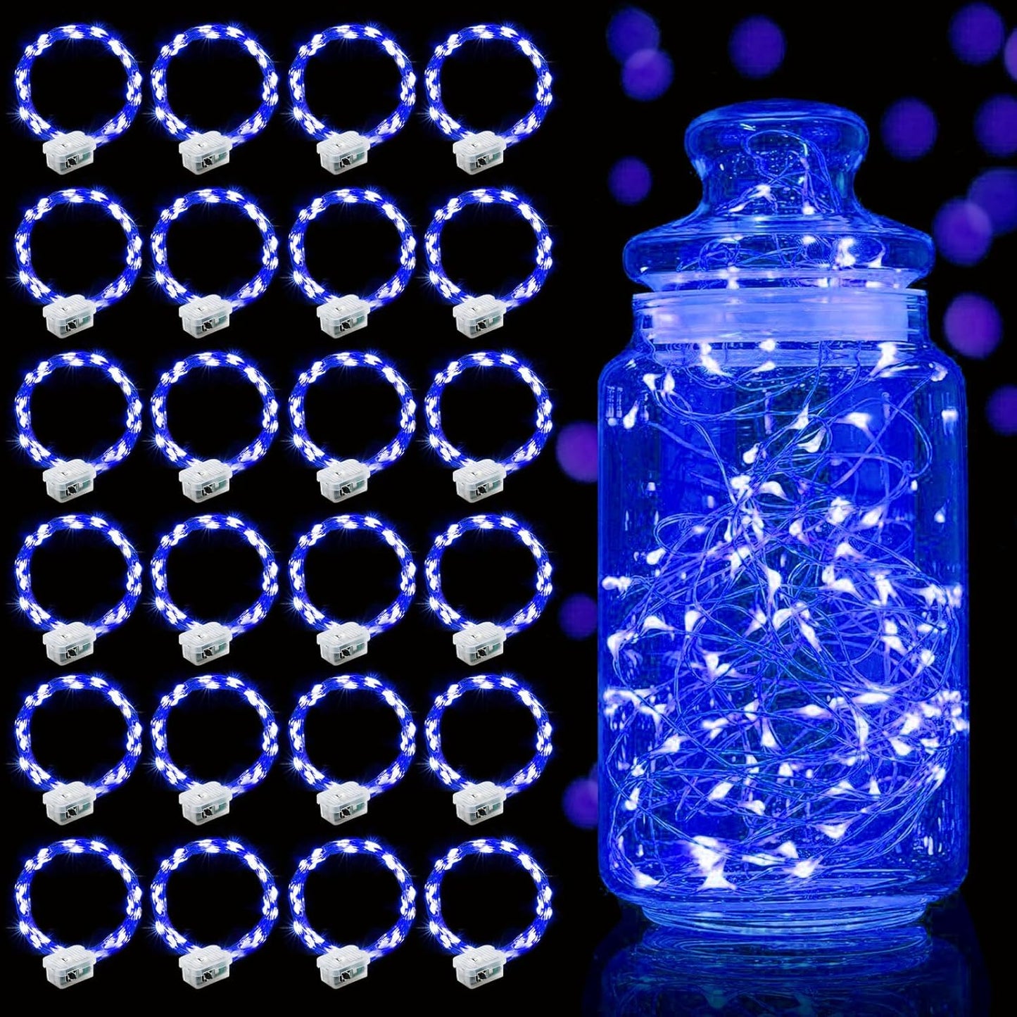 Aogist 24 Pack Fairy Lights 3 Modes 7ft 20 LED Waterproof,Battery Operated Silver Wire Firefly Starry Moon Mini String Lights for Mason Jars Christmas DIY Crafts Wedding Party Bedroom,Blue