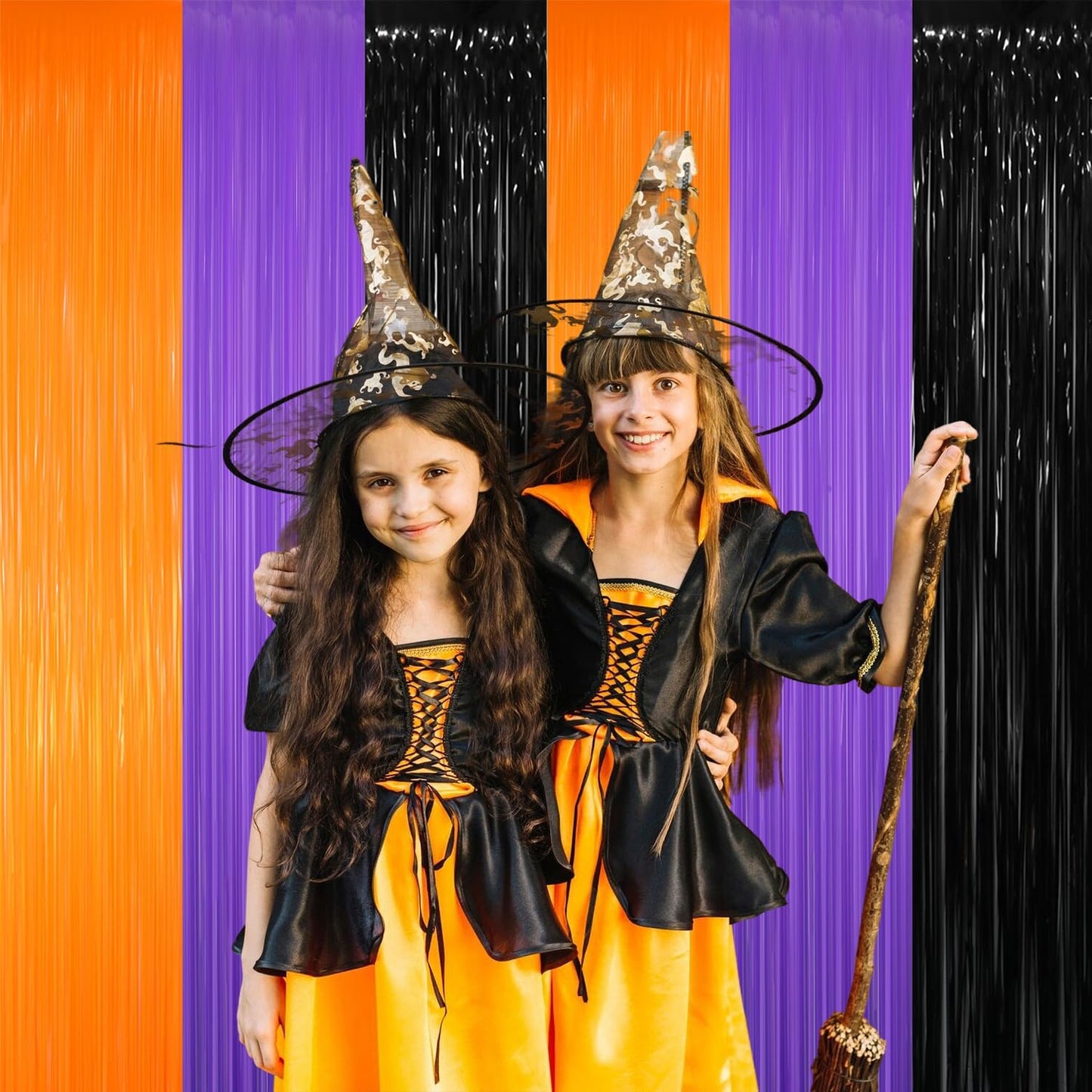 GOER 3.2 ft x 8.2 ft Metallic Tinsel Foil Fringe Party Backdrop for Halloween Birthday Graduation New Year's Party Decorations(4 Packs,Black&Orange&Purple)