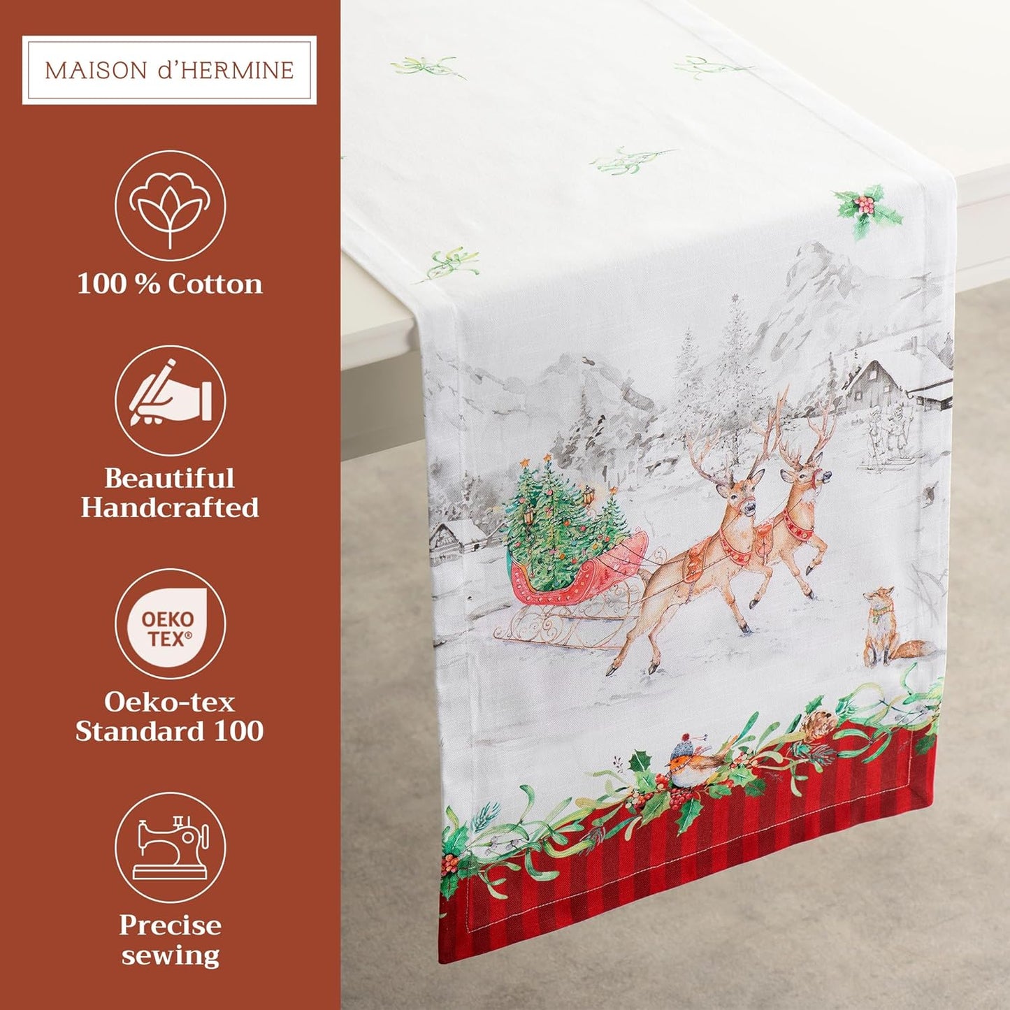 Maison d' Hermine Table Runner 100% Cotton Single Layer Table Runners 72 inches Long for Thanksgiving Christmas Decorations Home Kitchen Dining Party Wedding (Christmas Tradition, 14.5" x 72")