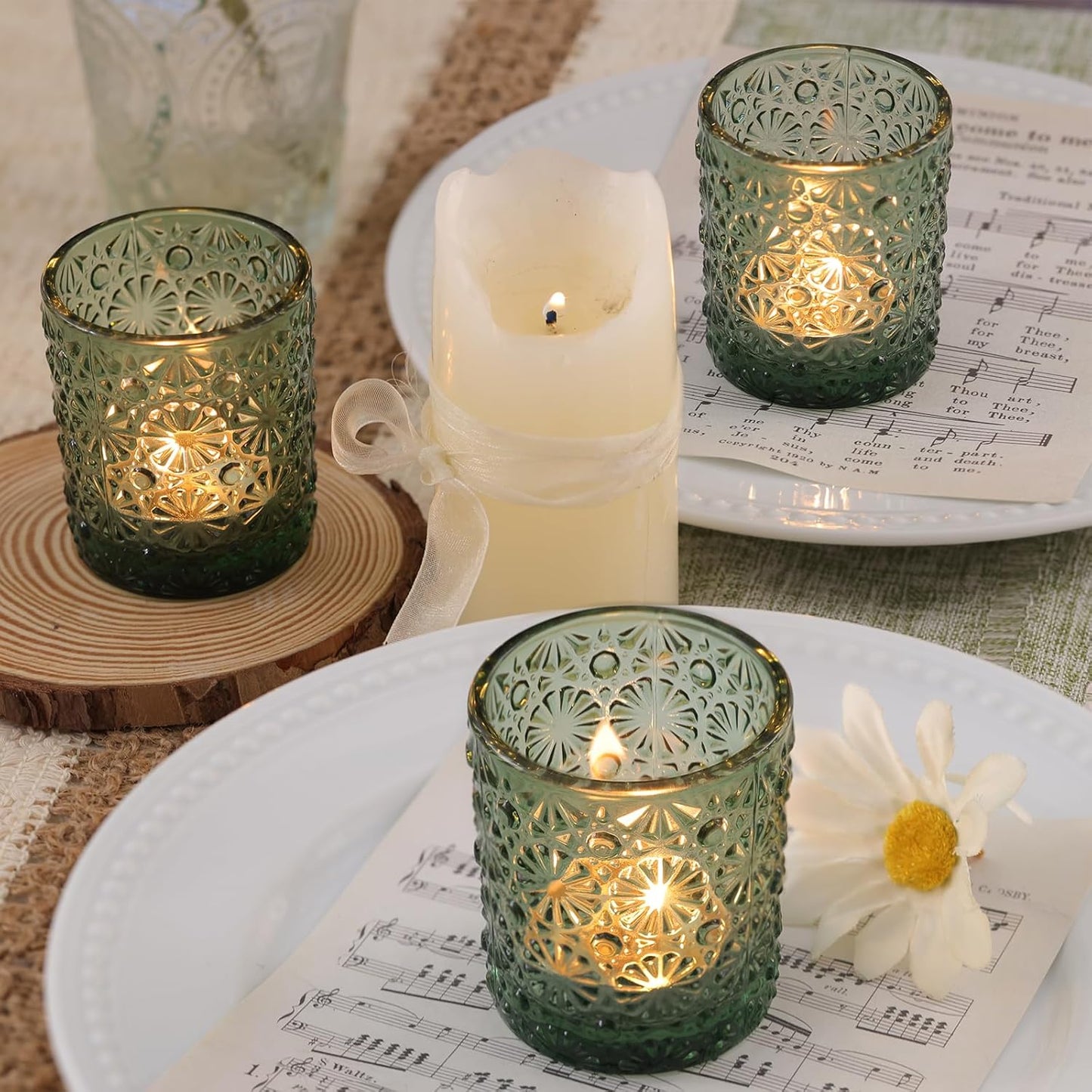 Green Votive Candle Holder Set of 36, Flower Tea Lights Candles Holders for Wedding Table Decor, Birthday Parties, Vintage Home Decor, Bridal Shower and Holiday Decorations