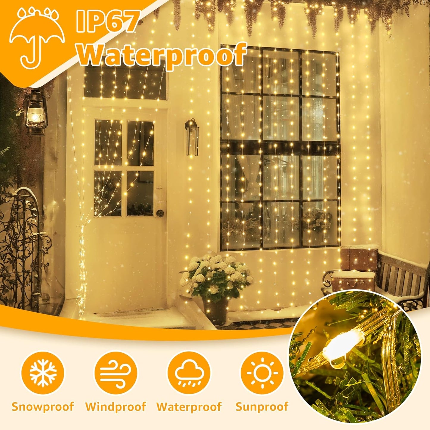 Ollny Curtain Lights 600LED 19.7ft x 9.8ft, IP67 Waterproof Outdoor Curtain Rice Lights with Remote, Plug-in Untangle Rice Curtain Light with 8 Modes 3 Timers for Wall Backdrop Decor(Warm White)