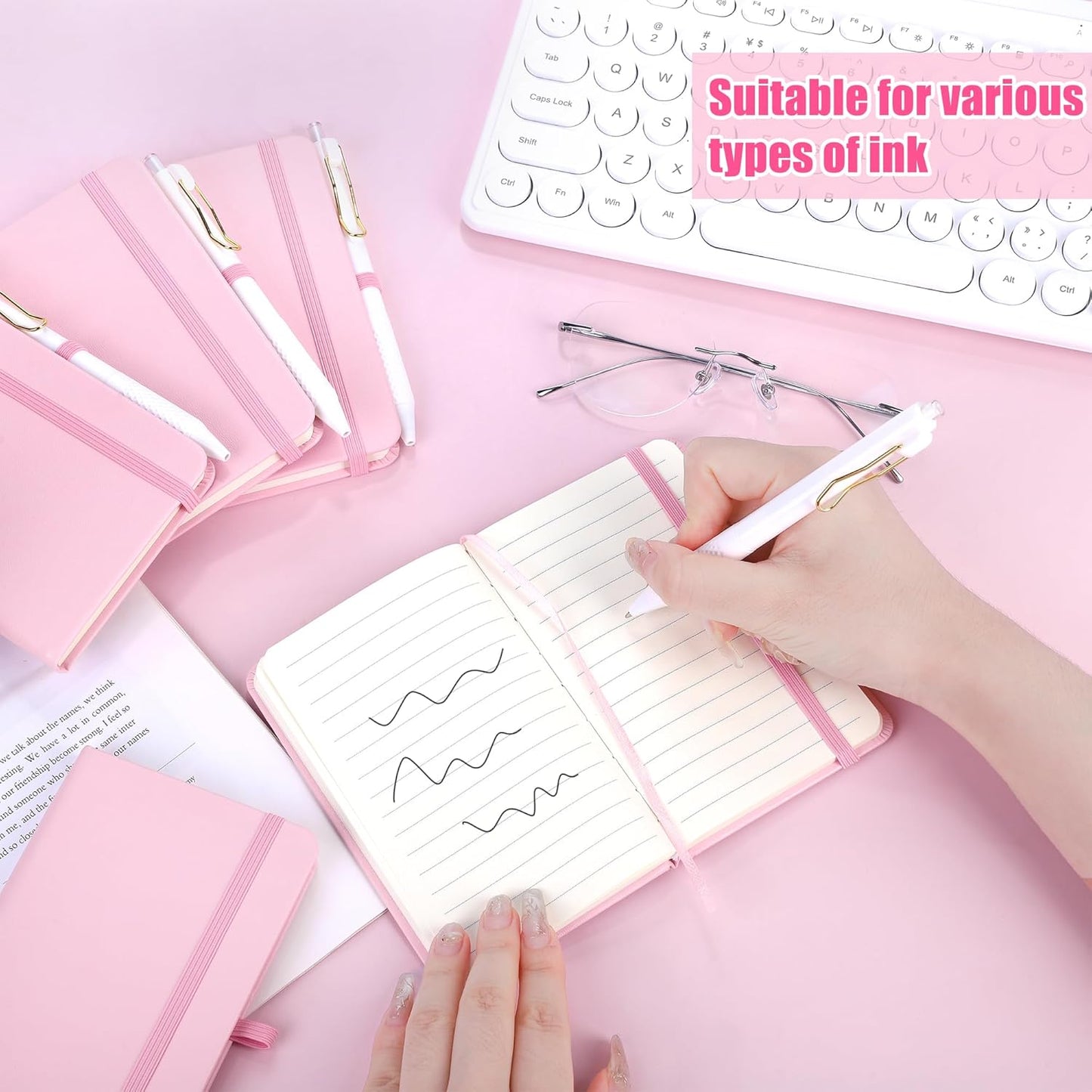 Aodaer 50 Sets Pocket Notebook Journal with Pens, 160 Pages, 3.5 x 5.5 Inch Mini Lined Journal Notebook A6 Leather Hardcover College Ruled Notepad with Pen Holder for School Office Gifts, Pink