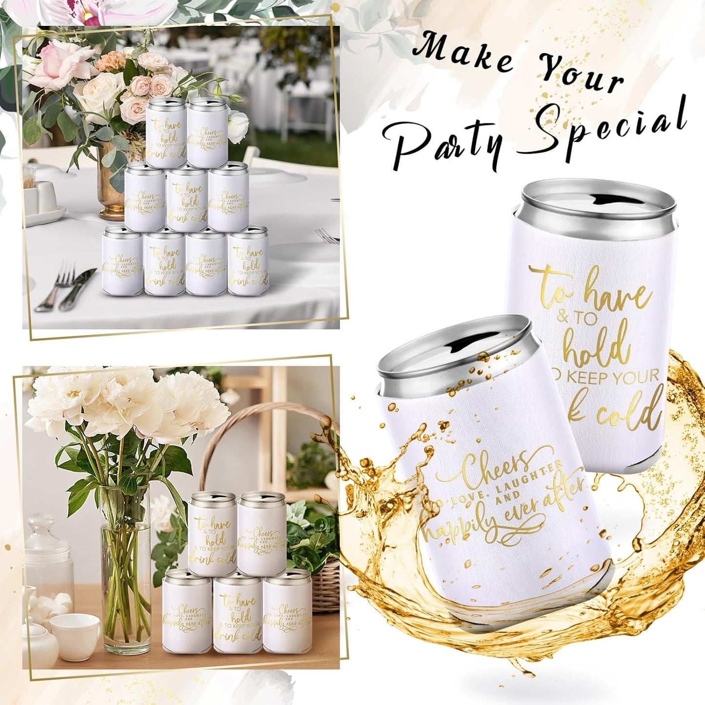50 Pieces White Wedding Can Cooler Sleeves Bulk Engagement Party Favors for Guests Beer Cooler Cheers to Love Laughter Happily Ever After Rehearsal Dinner Decorations for Wedding Bridal