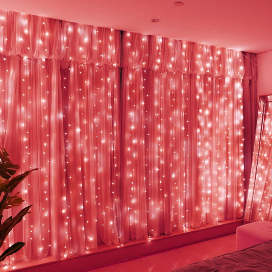 HXWEIYE 300LED Fairy Curtain Lights, 9.8x9.8Ft USB Plug-in 8 Modes Christmas String Hanging Lights with Remote for Bedroom Backdrop Wedding Party Indoor Wall Decor, Red