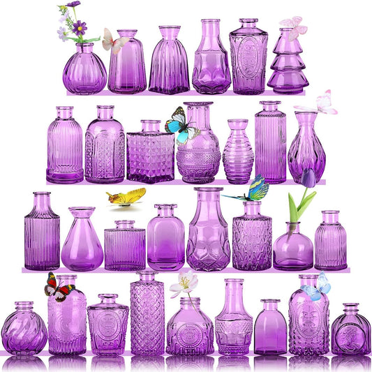 Mini Glass Bud Vases,Versatile Small Bud vases for Home and Wedding Decor, Exquisite Bridal Shower Table Centerpieces,Aromatherapy Bottles,Candle Holder, Ideal of Gifts(Pack of 30,Purple)