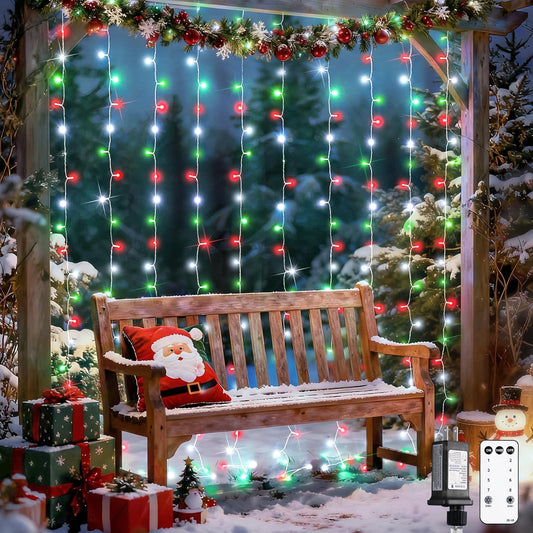JMEXSUSS 300LED Red White and Green Christmas Curtain Lights with Remote, Indoor Christmas String Lights Plug in, Hanging Twinkle Lights for Bedroom Window Wall Yard Outdoor Xmas Decor, 9.8x9.8ft