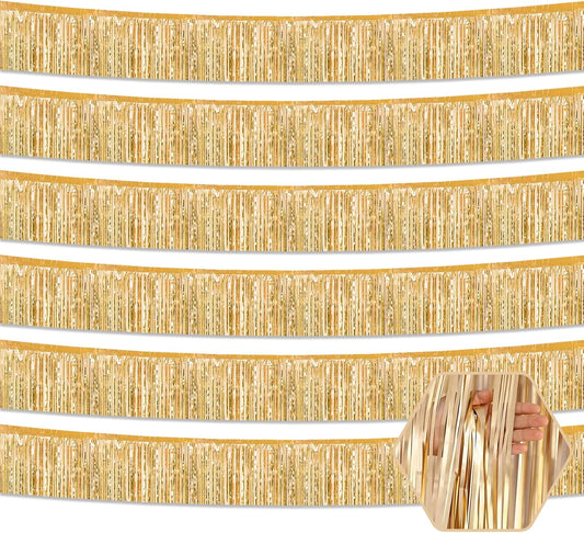 6 Pack 10 Feet Champagne Gold Foil Fringe Garland Metallic Tinsel Streamers Banner Wall Hanging Curtain Backdrop for Parade Floats, Birthday, Graduate, Mother's Day, Wedding Party Decoration