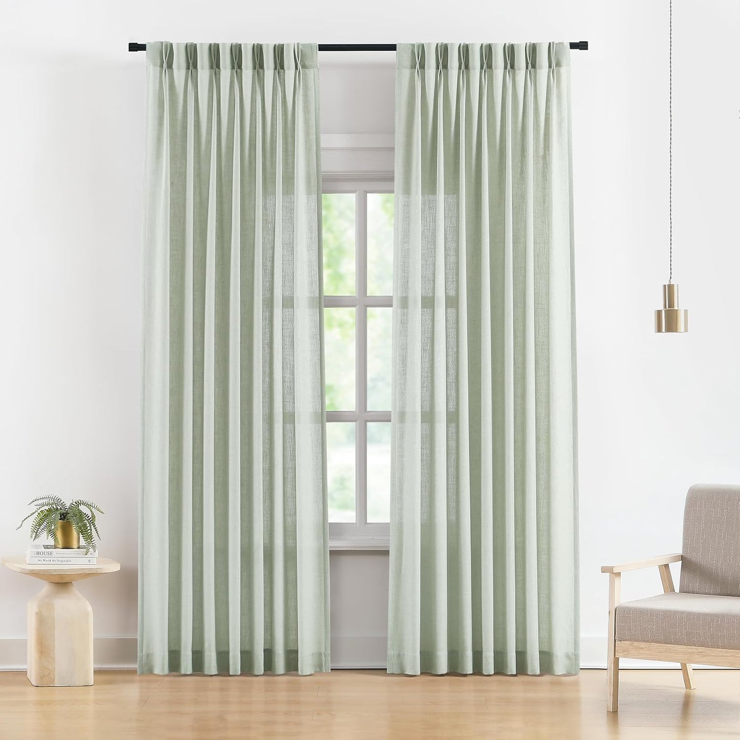 Vision Home Pinch Pleated Semi Sheer Curtains Textured Linen Blended Light Filtering Window Curtains 90 inch for Living Room Bedroom Pinch Pleat Drapes with Hooks 2 Panels 40" Wx90 L,Soft Green