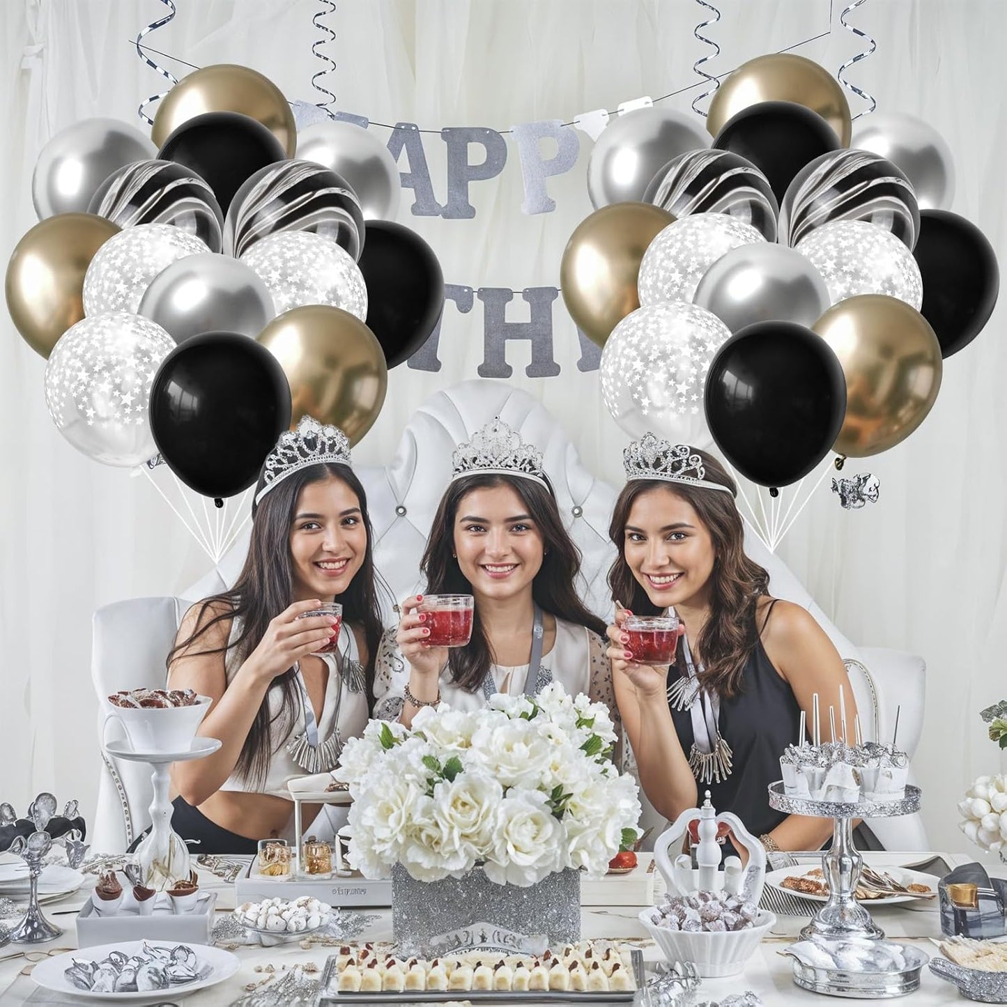 Black Gold Silver Balloon Set, 12 Inch Marble Black and Metallic Chrome Gold Silver with Clear Star Print Grad Latex Balloons for Boy Girls Birthday Party Graduation Retirement Baby Shower Decorations