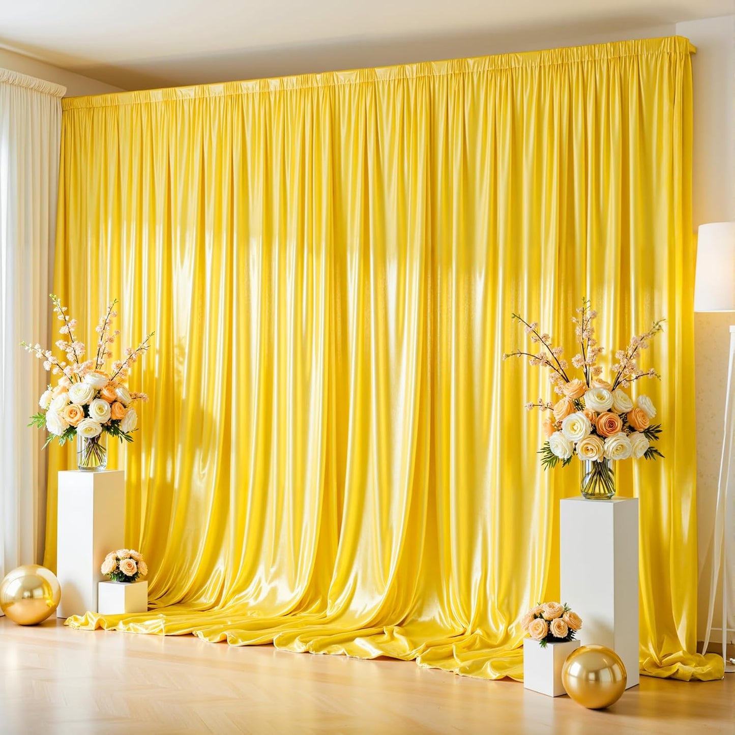 10x10 ft Yellow Gold Glitter Backdrop Curtain for Parties, Wrinkle Free Glitter Photo Backdrop Drapes 2 Panels 5x10FT Shimmer Back Drop Cloth for Wedding Birthday Stage Photography Background