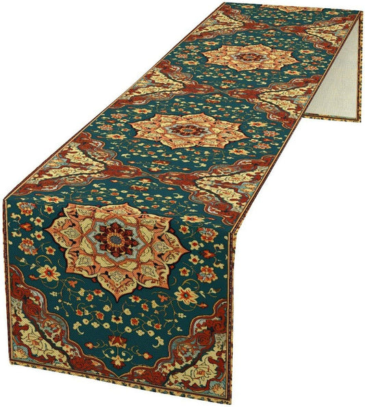 Boho Rich Table Runner, Vintage Blue Teal Gold Retro Flower Rustic Country Style Floral Print Pattern for Home Kitchen Table Decor Dining Coffee Room Garden Party Decor 13x90in