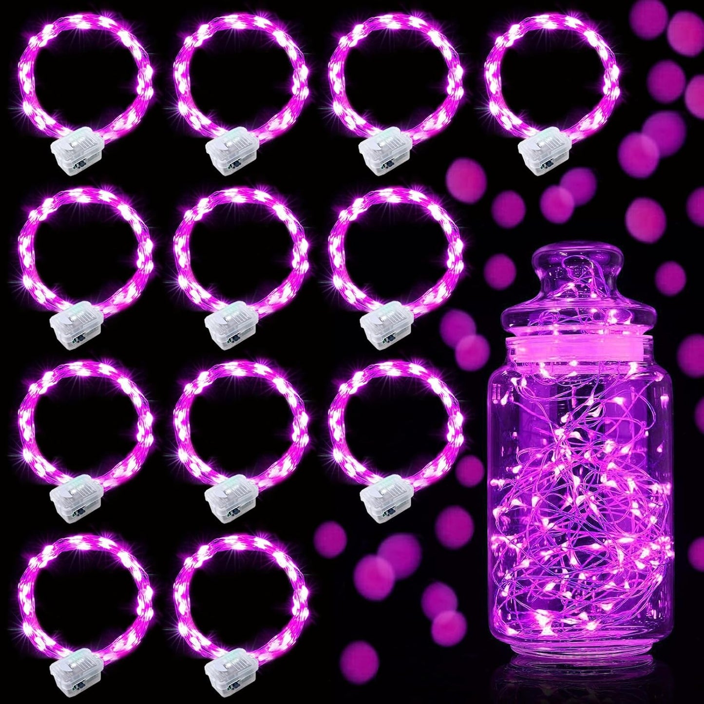 Aogist 12 Pack Fairy Lights 3 Modes 7ft 20 LED Waterproof,Battery Operated Silver Wire Firefly Starry Moon Mini String Lights for Mason Jars Christmas DIY Crafts Wedding Party Bedroom,Pink