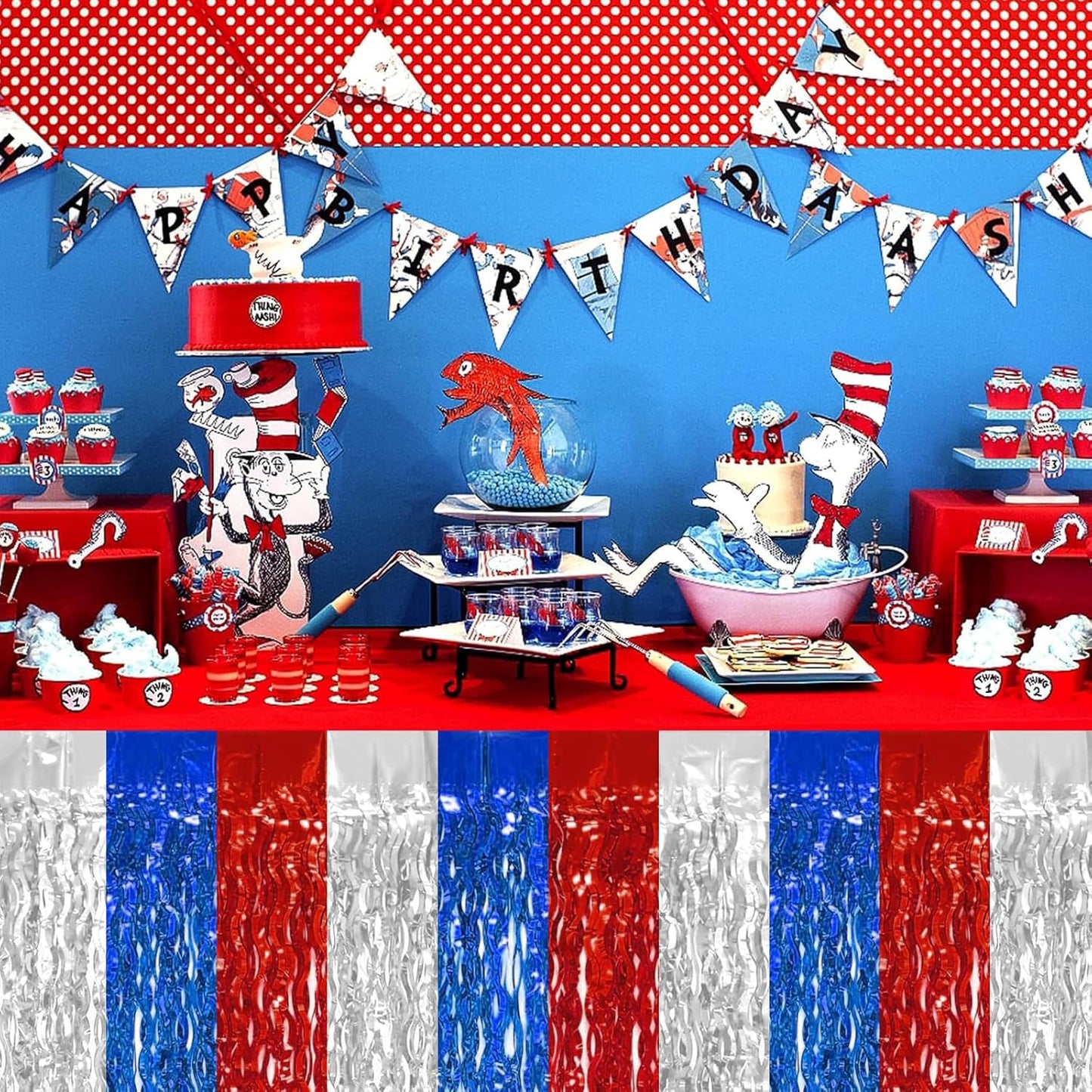 4P Wavy Metallic Tinsel Foil Fringe Table Skirts for Rectangle Tables Backdrop Garland Curtains for Parade Floats Wedding Birthday Parties Decoration Graduation 2025 Christmas (Red Blue White)