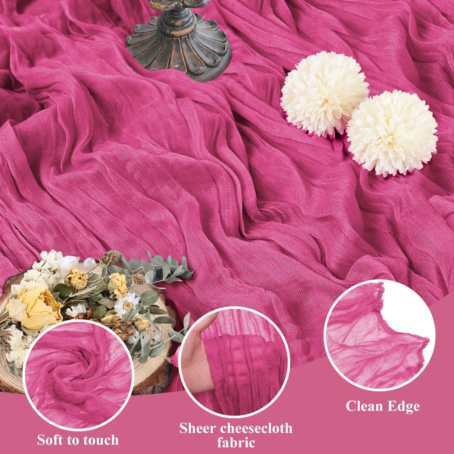 Asee'm 12pcs Cheesecloth Table Runner 120 Inches Long Deep Pink Boho Gauze Cheese Cloth Runner 10FT Rustic Sheer Table Runners for Christmas Wedding Party Baby Shower Spring Easter Decoration