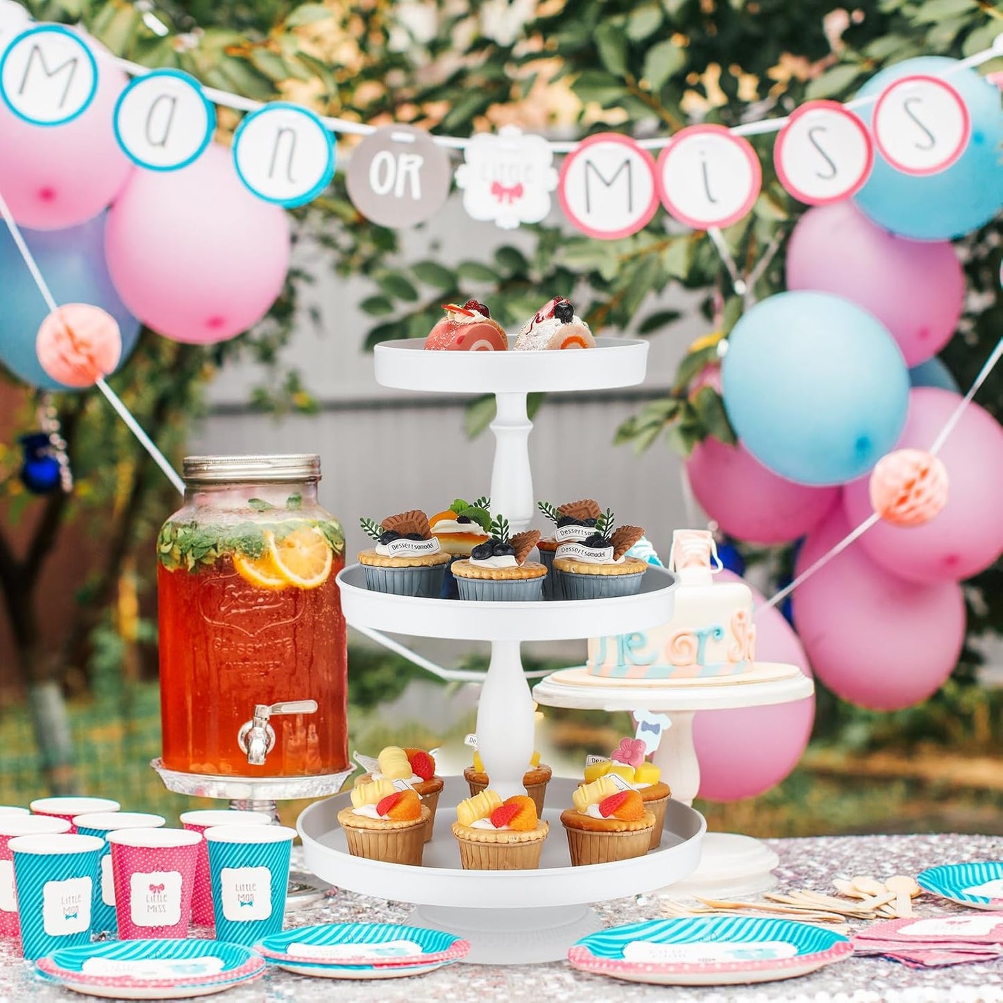 Maxdot 2 Pcs 3 Tier Cupcake Stand Holder, Round Cupcake Stand Serving Tray, Metal Tiered Tray Pastry Dessert Cake Tower Display Stand for Baby Shower Tea Party, Wedding and Birthday (White)