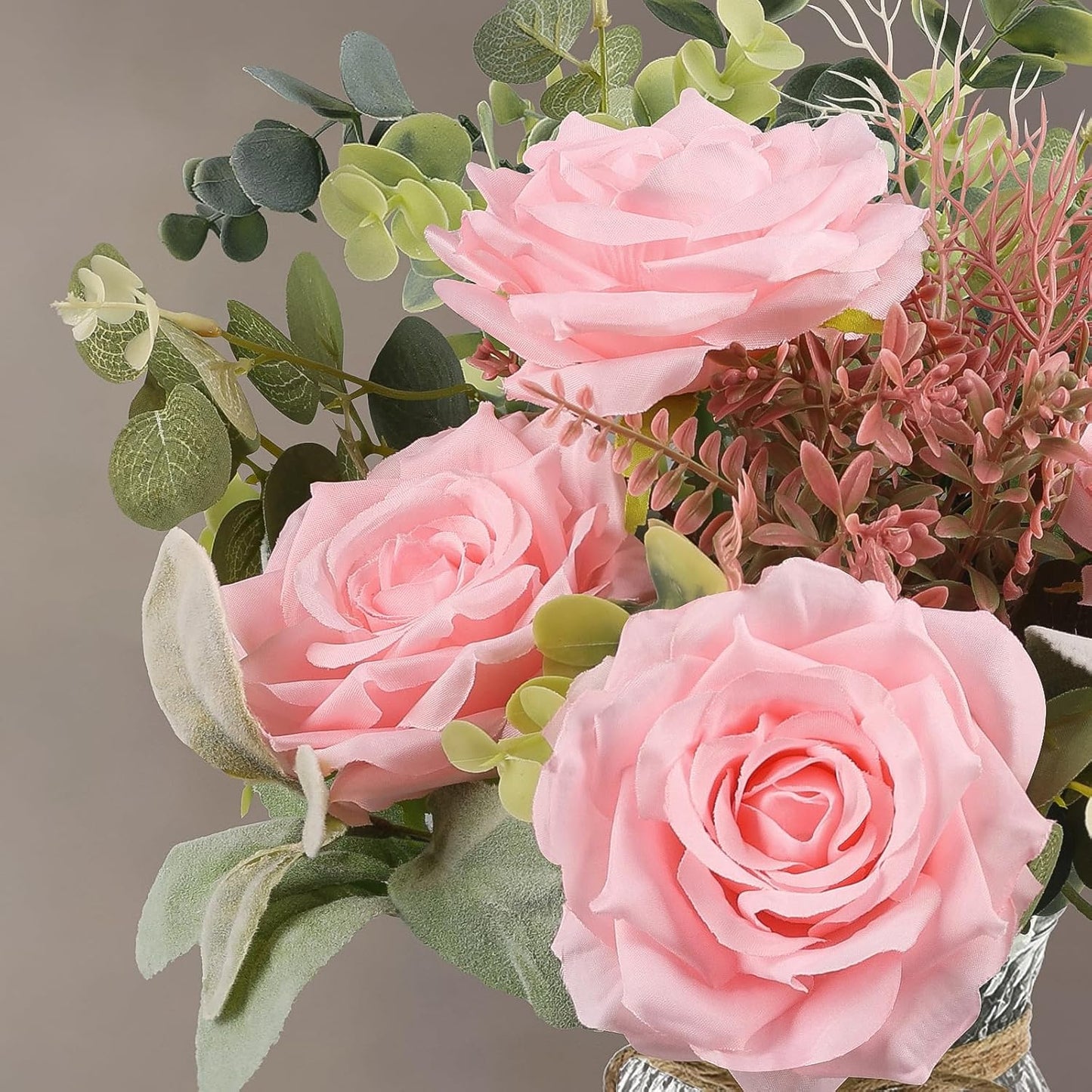 HOHOTIME Artificial Flowers in Vase, Faux Silk Pink Roses Table Centerpiece Decoration, Fake Flowers for Home Bedroom Study Room Decor with Glass Vase