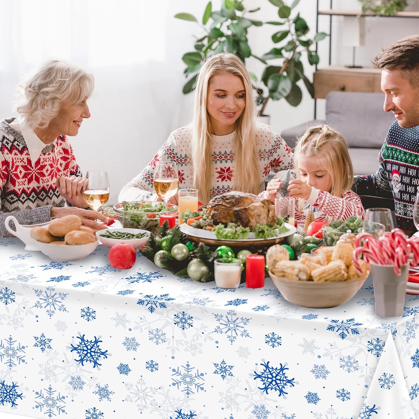 1 Pieces Snowflake Christmas Party Tablecloth Decorations,Plastic White Snowflake White Blue Xmas Backdrop Sign Table Cover Banner for Winter Christmas Holiday Party Supplies,54x108 inch（White/Blue）