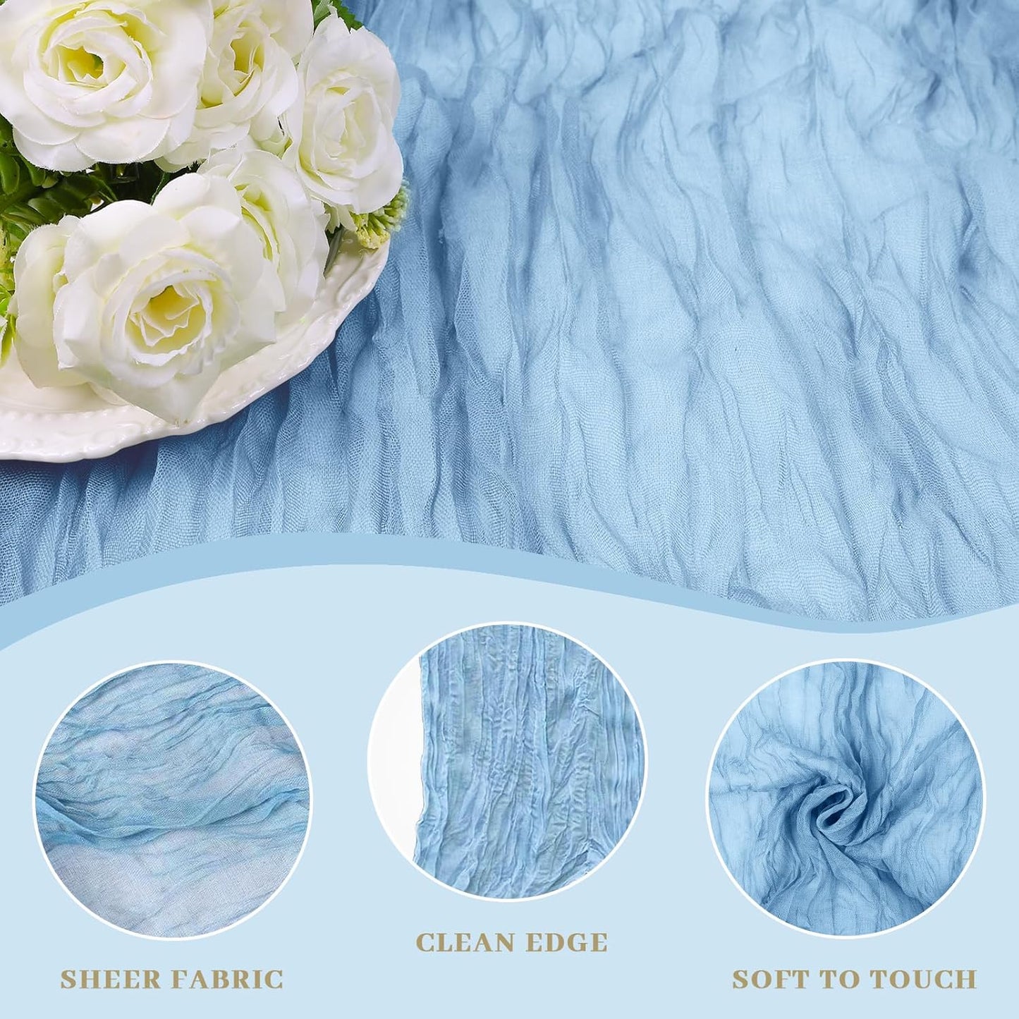 Le courant 6pcs 10Ft Cheesecloth Table Runner, Rustic Boho Gauze Cheese Cloth Runner Table Runner for Weddings Bridal Baby Shower Birthday Holiday Parties Home Decor, Baby Blue
