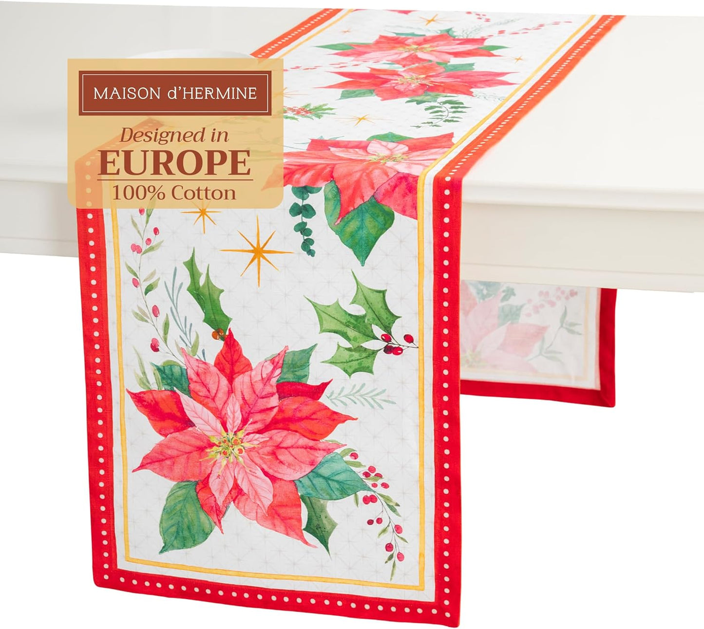 Maison d' Hermine Table Runner 100% Cotton Single Layer Table Runners 72 inches Long for Thanksgiving Christmas Decorations Home Kitchen Dining Party Wedding (Poinsettia Christmas, 14.5" x 72")