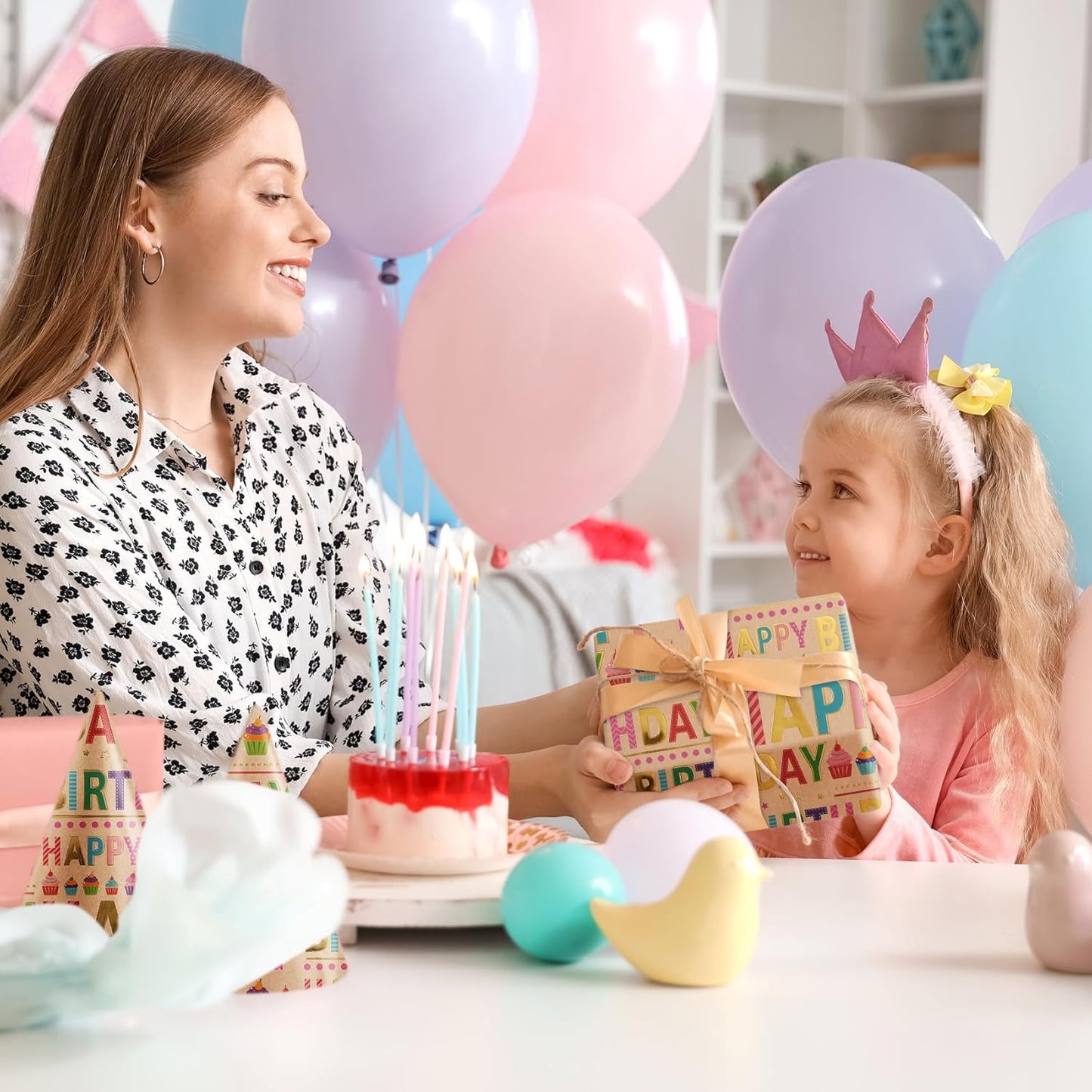 Aimyoo Colorful Birthday Wrapping Paper Roll - 17 Inch X 32.8 Feet - Gold Foil Happy Birthday Lettering & Cupcake Design Gift Wrap for Kids, Baby Showers