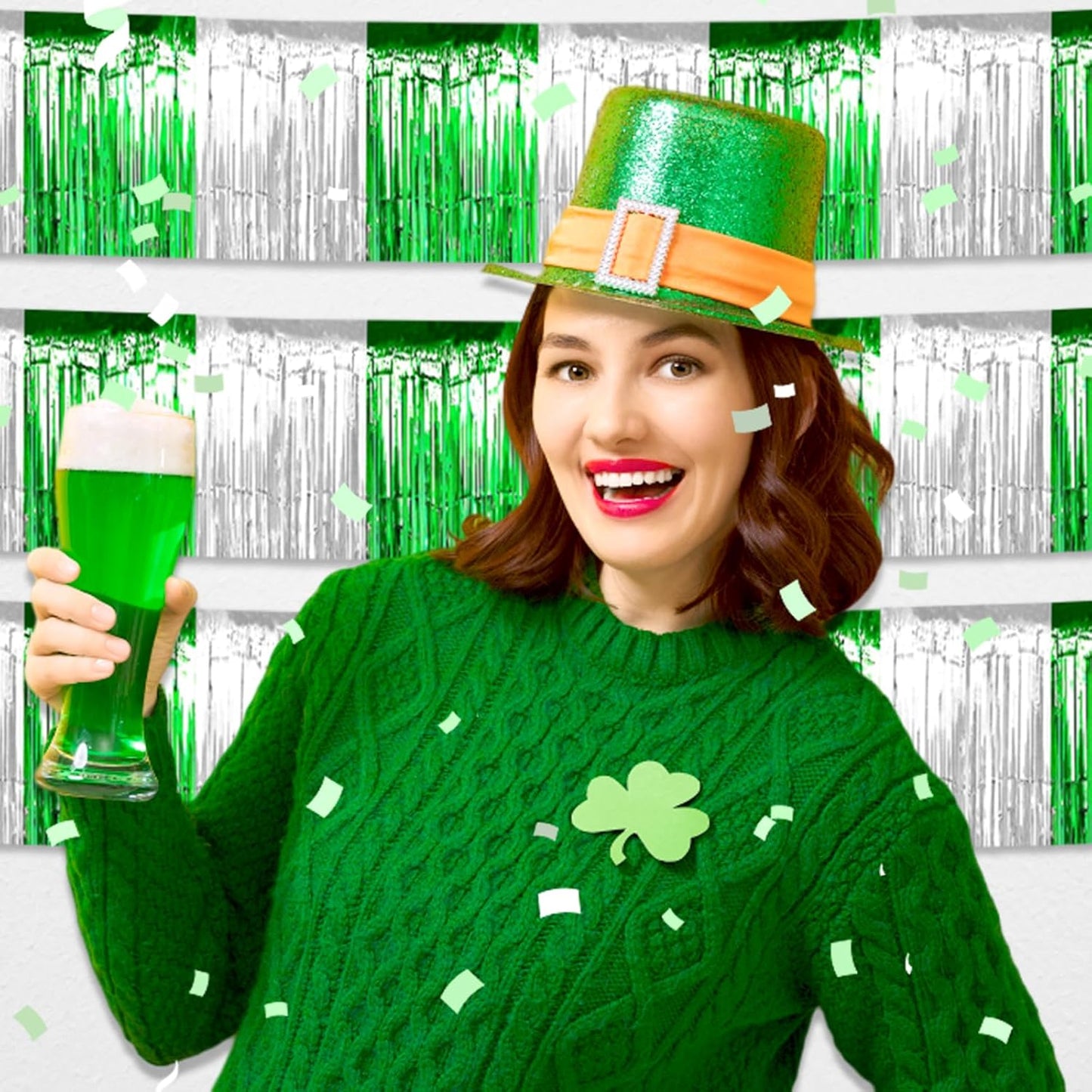 3 Pack 10 Feet Silver Green Foil Fringe Garland Metallic Tinsel Streamers Banner Wall Hanging Curtain Backdrop for Parade Floats, Mother's Day, Wedding, Graduate, Easter, Birthday Party Decorations