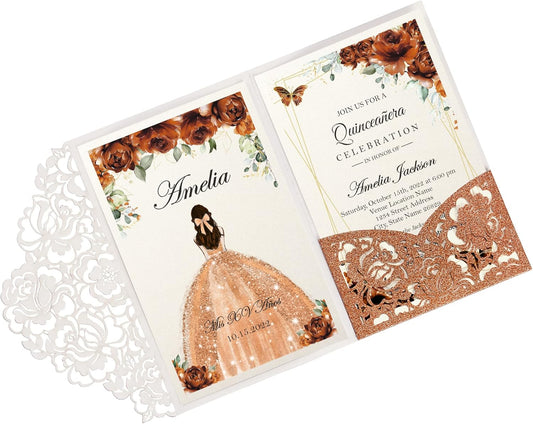 DORIS HOME 50pcs Laser Cut Quinceanera Invitations Terracotta Glitter, 4.7x7.1 Personalized Quince Invitations for 15th Birthday, Invitation cards for Sweet 16 with Envelopes