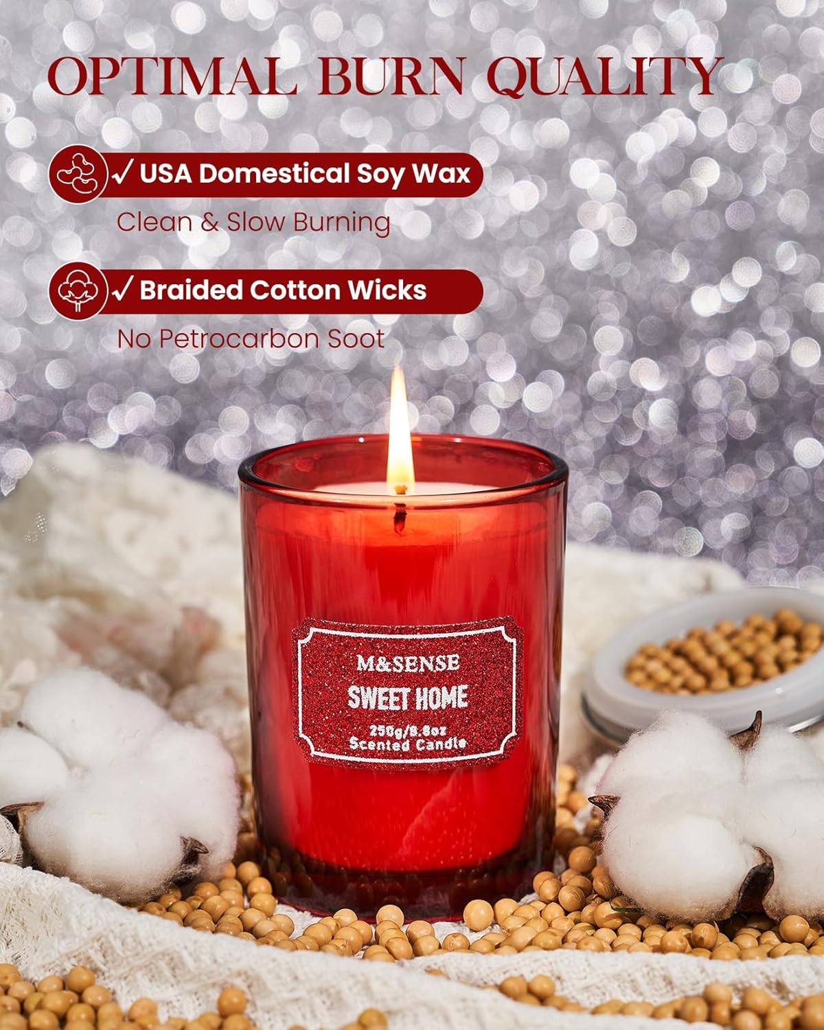 M&SENSE Cinnamon Apple Scented Candles, Classic Size 8.8 oz Glitter Jar Candles, Holiday Candles Gifts for Women, Strong Scented Natural Soy Candle For Winter Home Decor, 50 Hours Long Burning Candles