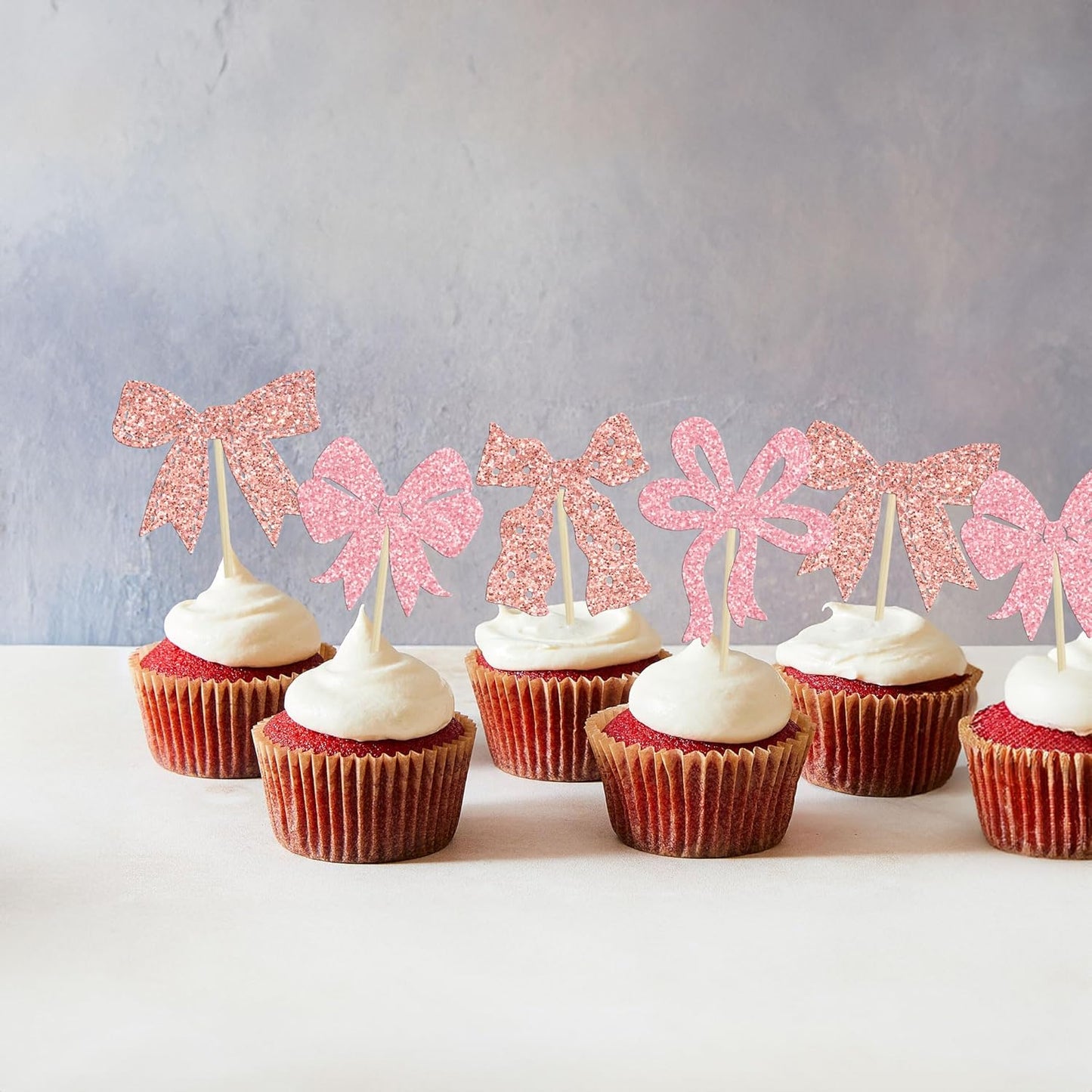 Ephlyn 24pcs Pink & Rose Gold Bow Cupcake Toppers - Perfect for Birthday, Baby Shower, Bridal Shower & Wedding Parties