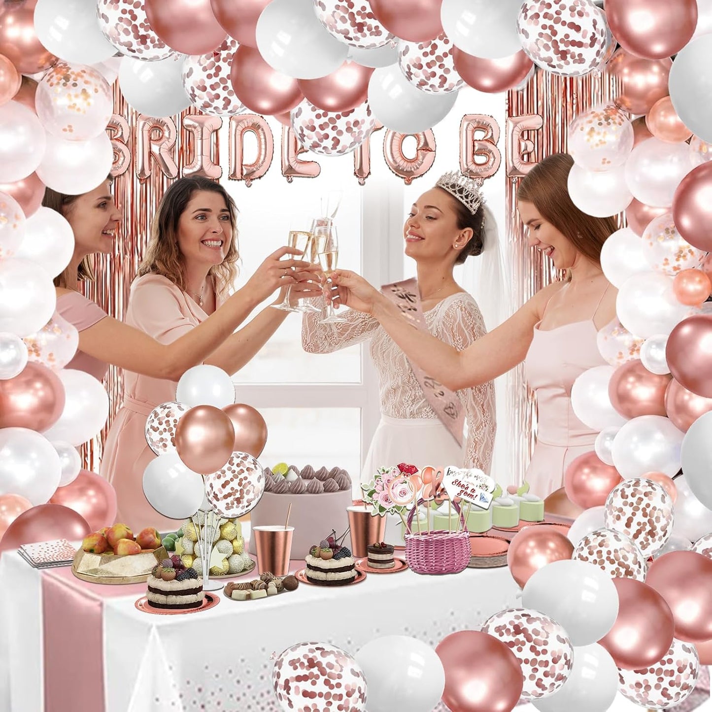 274 Pcs Rose Gold Bridal Shower Decorations, Bachelorette Party Decorations Favors - "BRIDE TO BE" Banner, Veil, Balloon, Photo Props, Tableware with Rose Gold for 25 Guests