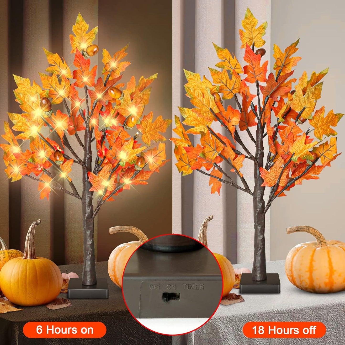 24 Inch Fall Lighted Maple Tree, 2FT Fall Tree with 36 LEDs, 6 Acorns, Timer Battery Operated, Thanksgiving Decorations Table Lights Tree for Autumn Wedding Party Gift Harvest Home