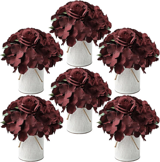 Flower Table Centerpieces - Set of 6 Floral Arrangement Artificial Wedding Hydrangeas Floral Arrangement with Rustic Metal Vase for Bridal Tea Party Event Decorations - Burgundy