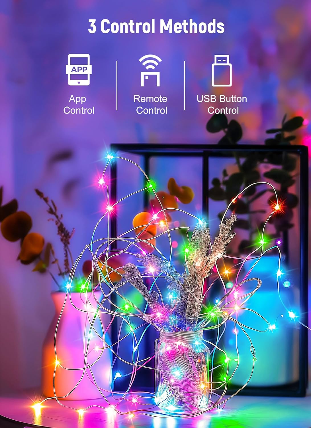 Smart Fairy Lights Plug in, 2 Pack 33FT 100LEDs USB Bluetooth Twinkle Lights with Timer and Remote, App Control Starry String Lights 8 Modes for Wedding Party Indoor Christmas Decoration, Multicolor