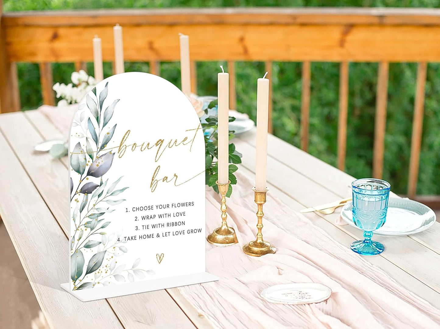 Acrylic Wedding Signs, Greenery Theme Bouquet Bar Sign, Wedding Reception Signage, Bridal Shower Table Decor with Stand, Bouquet Bar Supplies for Engagement, Anniversary, Newlywed Event and Party, 05